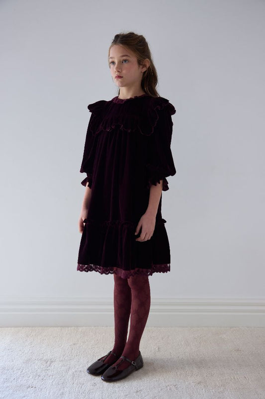 Lace Trim Velvet Dress - Dark Cherry