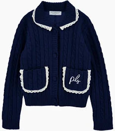 Cable Knit Cardigan W/ Lace Trim And 2 Pockets - Blu Scuro