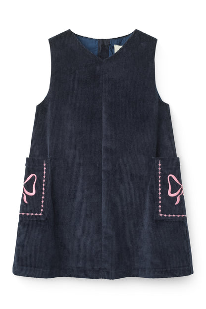 Corduroy Embroidered Dress - Navy
