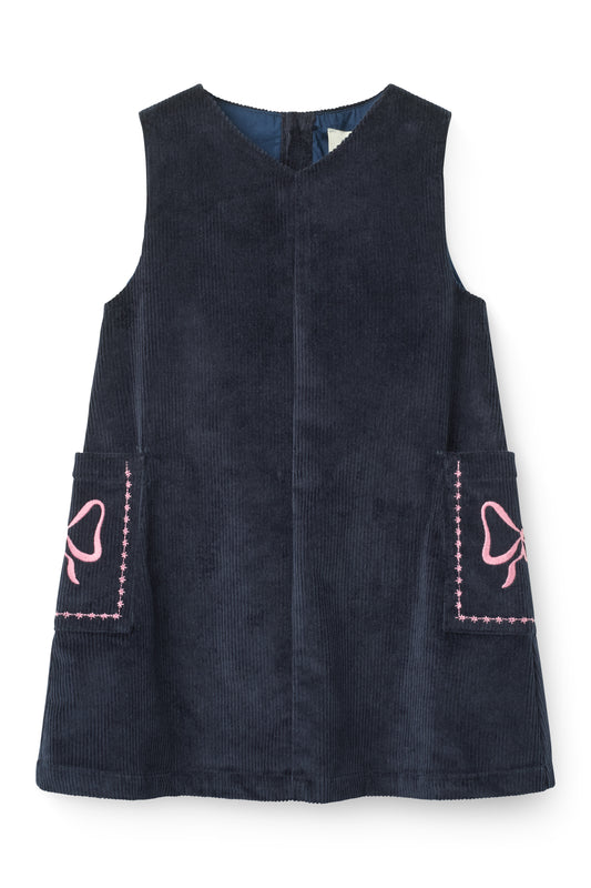 Corduroy Embroidered Dress - Navy