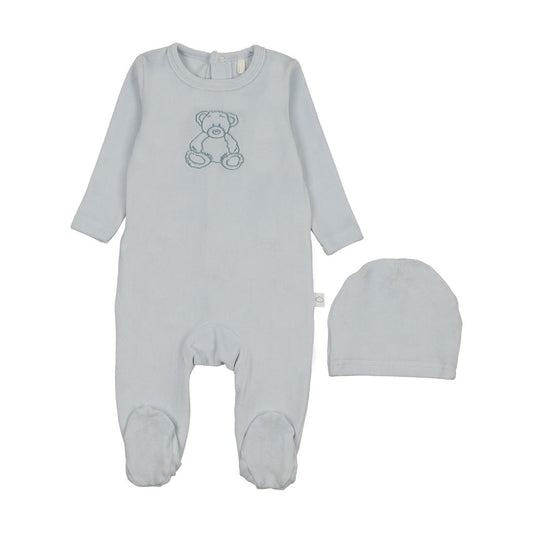 Velour Bear Footie - Blue