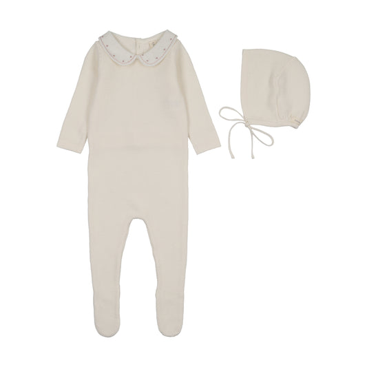 Embroidered Knit Collar Footie Set - Cream/Pink