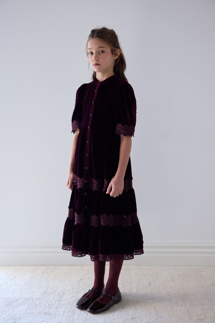 Lace Velvet Midi Dress - Dark Cherry