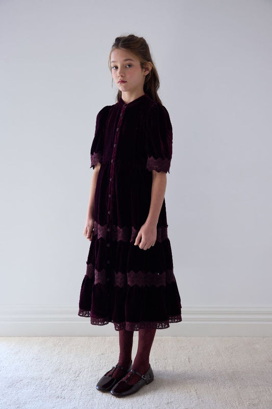 Lace Velvet Midi Dress - Dark Cherry