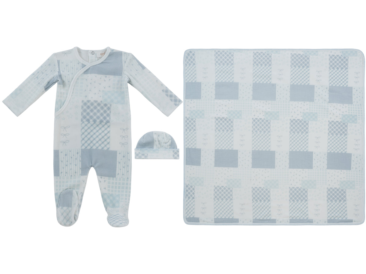 Patchwork Footie, Hat & Blanket Set - Blue