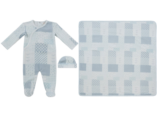 Patchwork Footie, Hat & Blanket Set - Blue