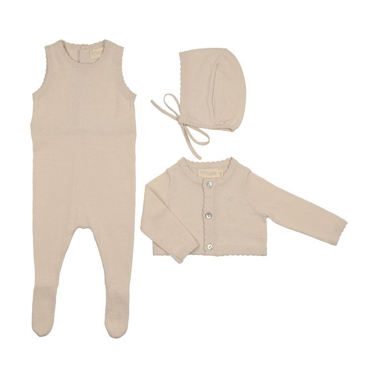 Knit Jumpsuit + Cropped Cardigan + Bonnet Set - Stone