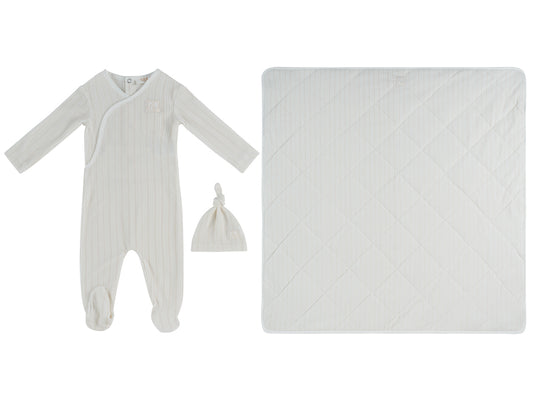 Stripe Stamp Footie, Hat & Blanket Set - Stone