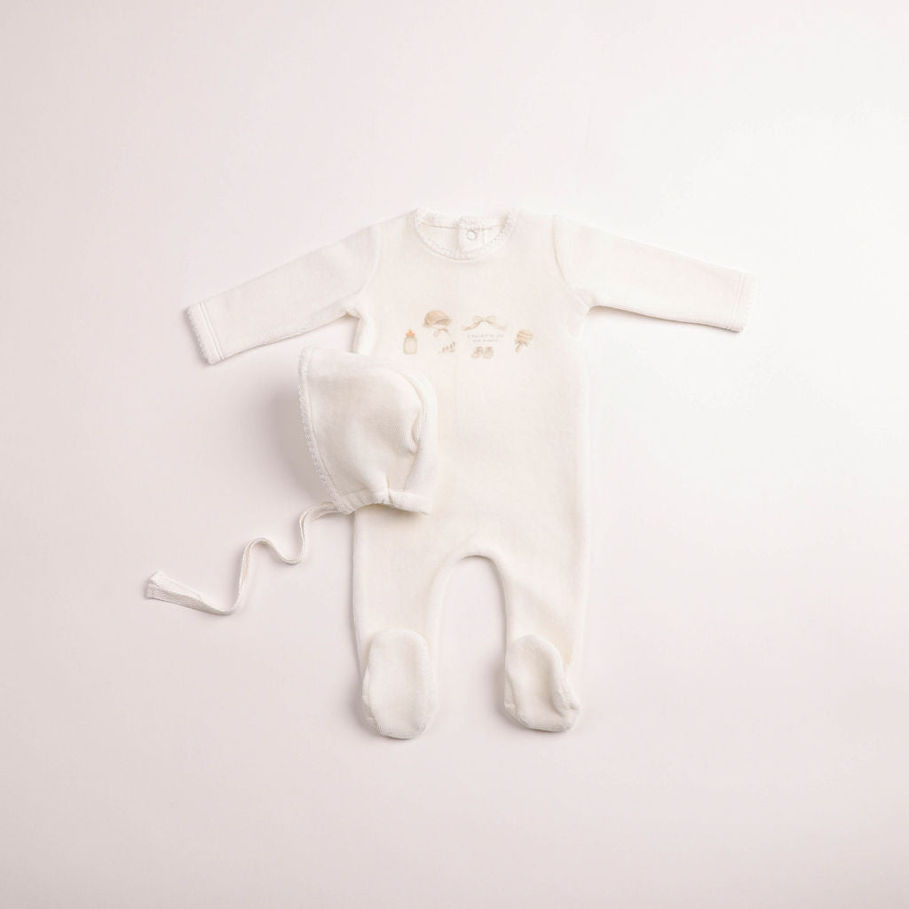 All Things Baby Velour Footie And Bonnet - Chalk White Boys