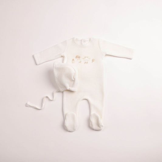 All Things Baby Velour Footie And Bonnet - Chalk White Boys