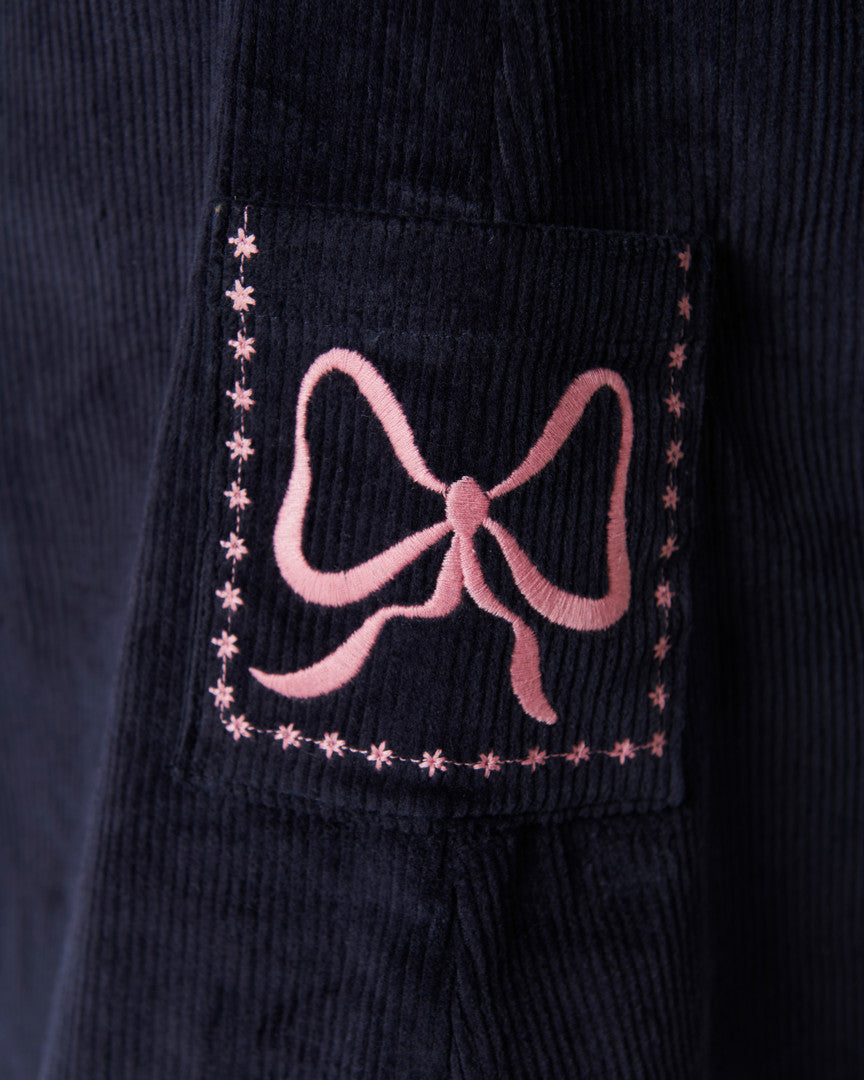 Corduroy Embroidered Dress - Navy