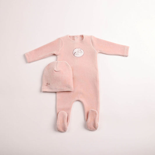 Birdie Branch Velour Footie And Bonnet - Dusty Pink
