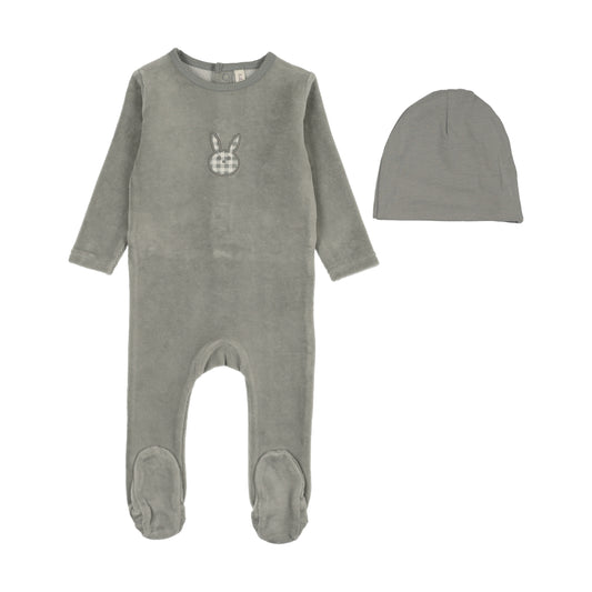 Velour Gingham Bunny Footie - Pale Blue