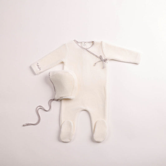 Classic Stitch Velour Footie And Bonnet - Chalk White