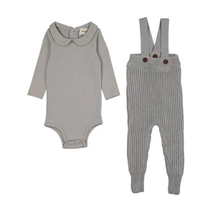 Knit Overall + Embroidered Collar Onesie Set - Blue