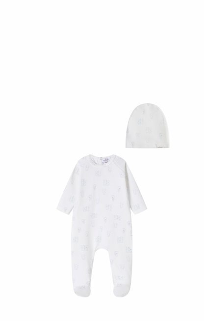 Teddy all Over Print footie/Hat - Blue