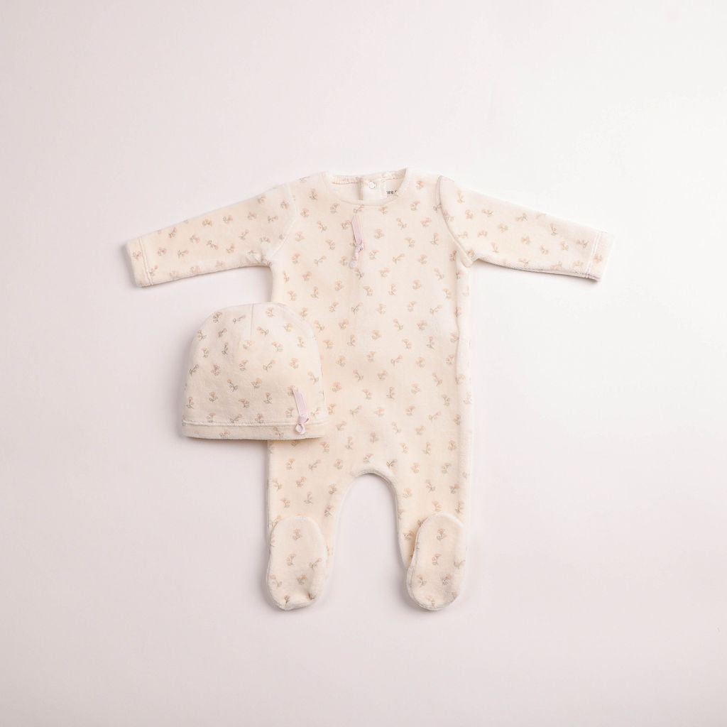 Blossoms Print Velour Footie And Bonnet - Linen Girls