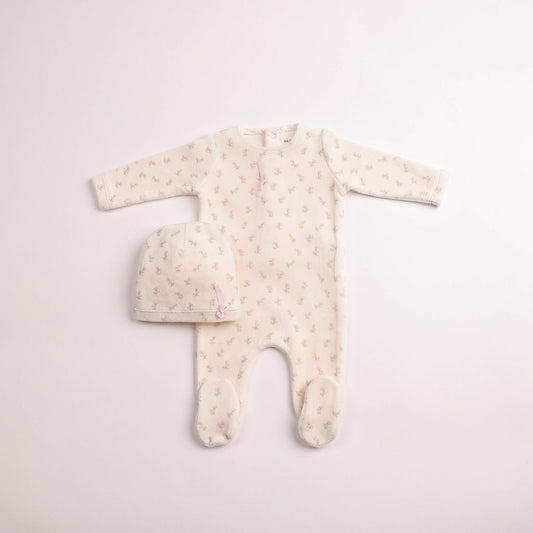 Blossoms Print Velour Footie And Bonnet - Linen Girls