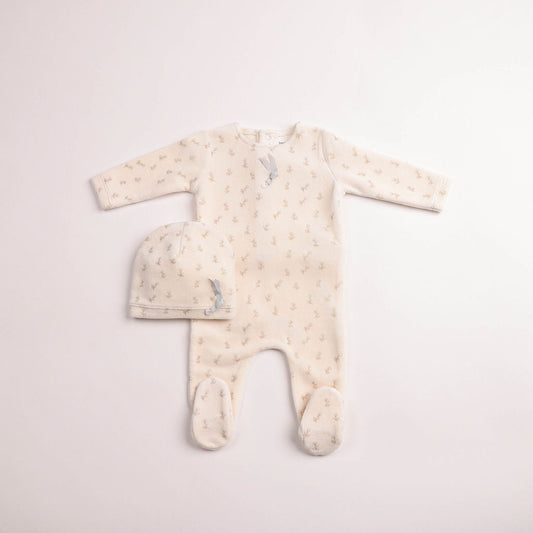 Blossoms Print Velour Footie And Bonnet - Linen Boys