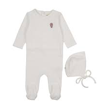 Velour Footie W/ Embroidered + Bonnet - White