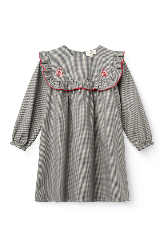 Checkered Dress W. Ruffle - Grey