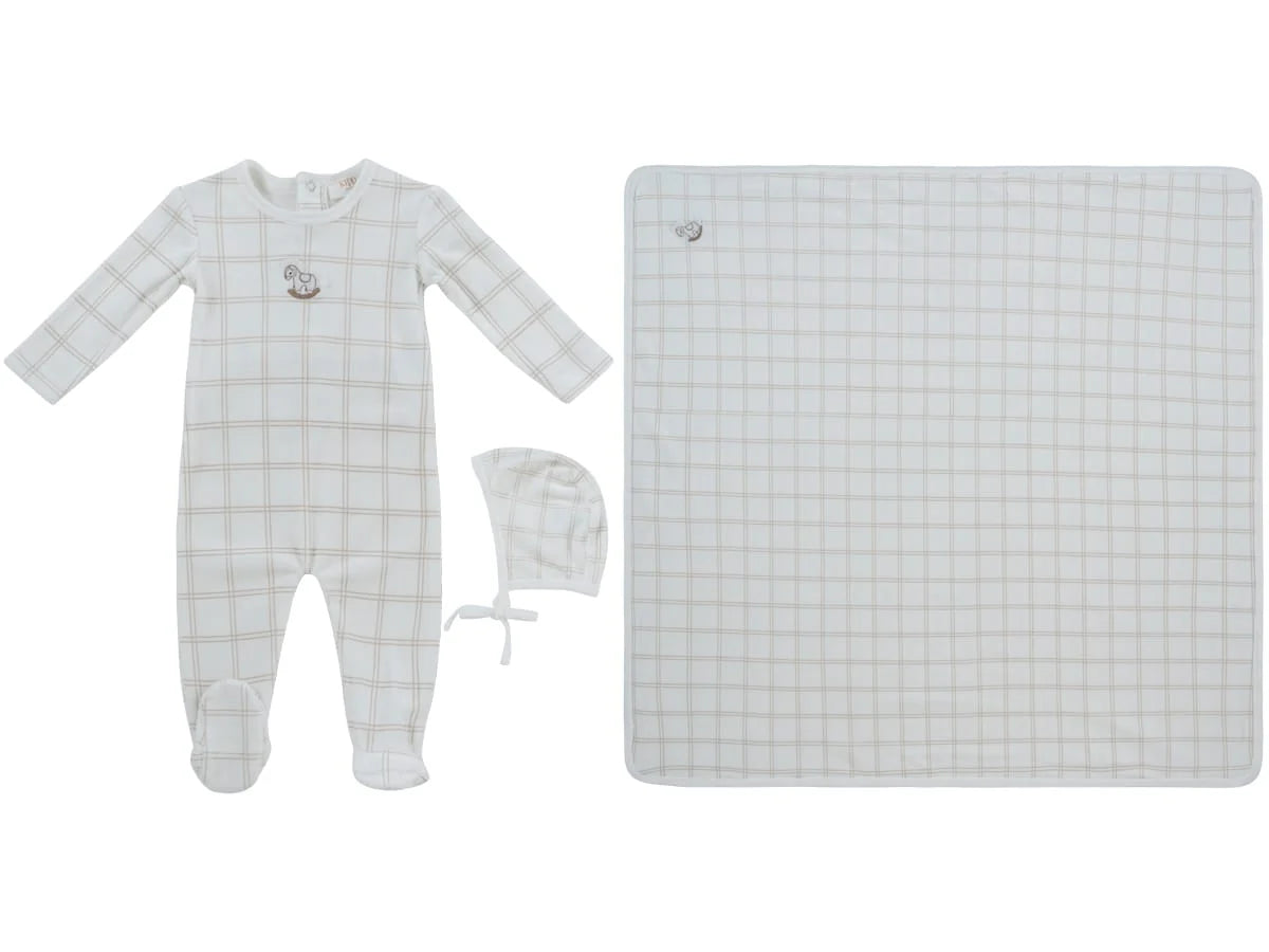 Whinny Plaid Footie, Hat & Blanket Set - Stone
