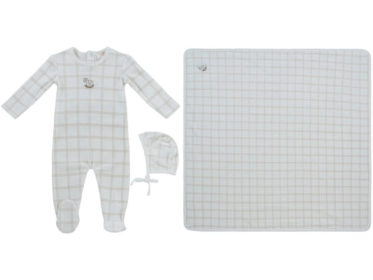 Whinny Plaid Footie, Hat & Blanket Set - Stone