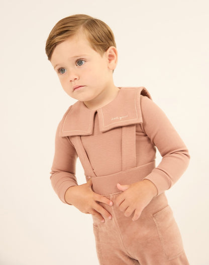 Embroidered Collar Velour Overall Set - Pink