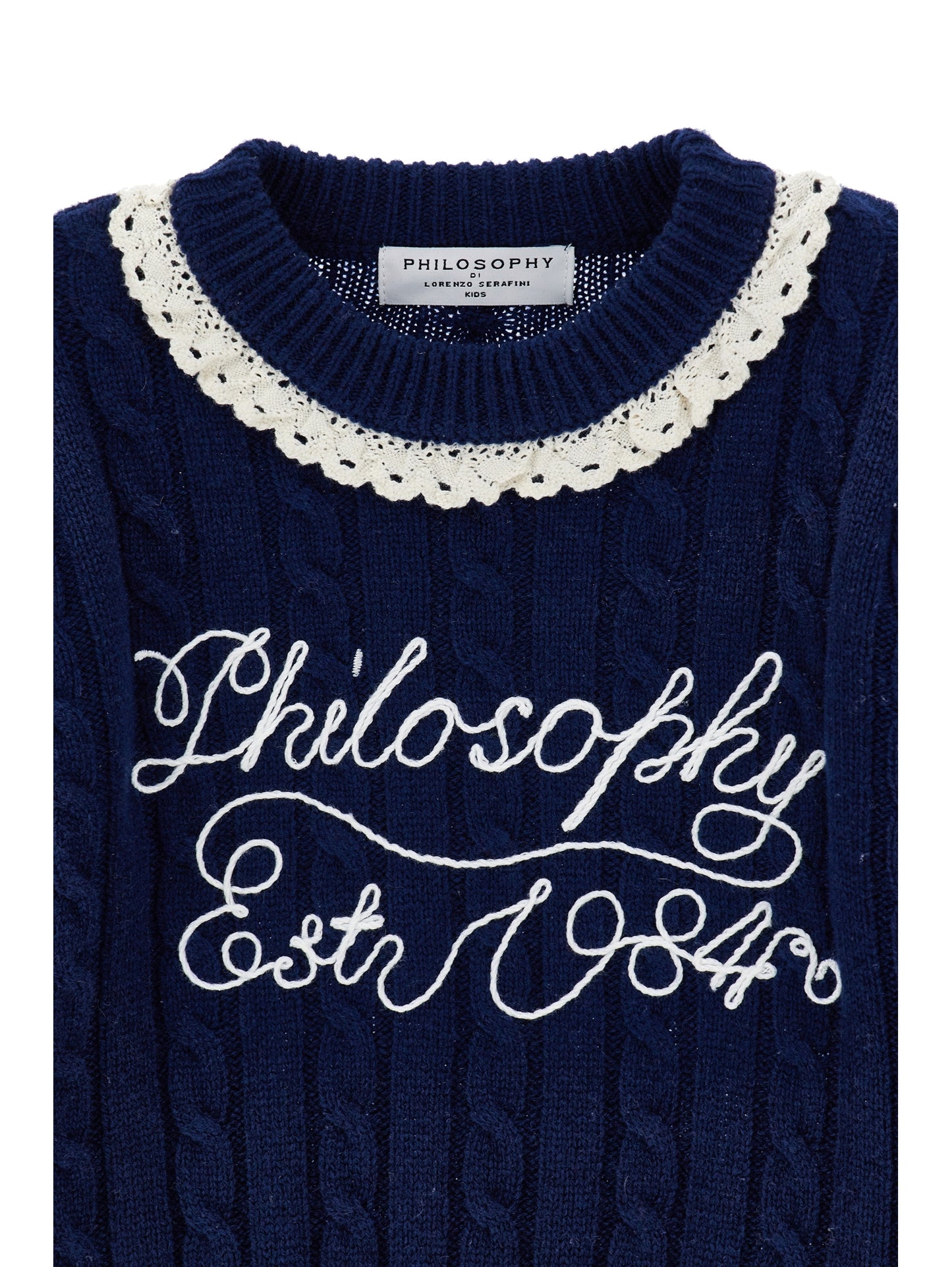 Cable Knit Sweater With Lace Trim - Navy