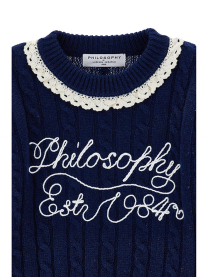 Cable Knit Sweater With Lace Trim - Navy
