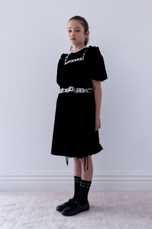 Ribbon Lace Trim Velvet Dress - Black/Cream Lace