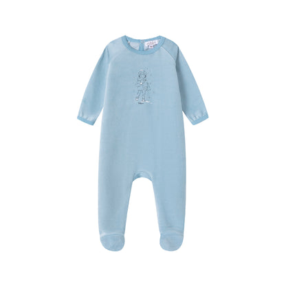 Snow Print Velour Footie/Hat - Blue