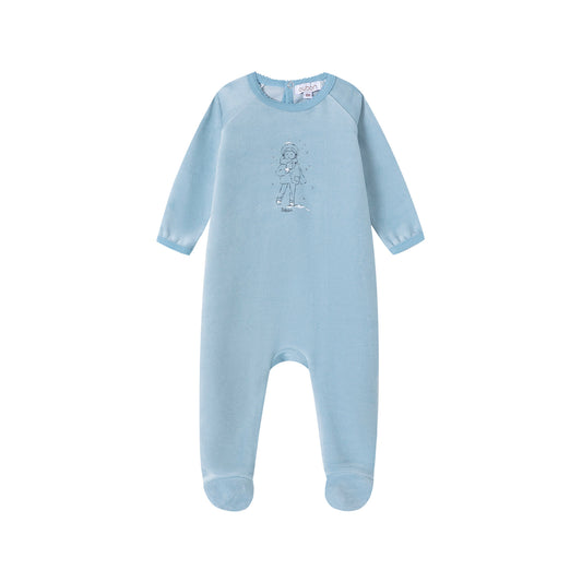 Snow Print Velour Footie/Hat - Blue