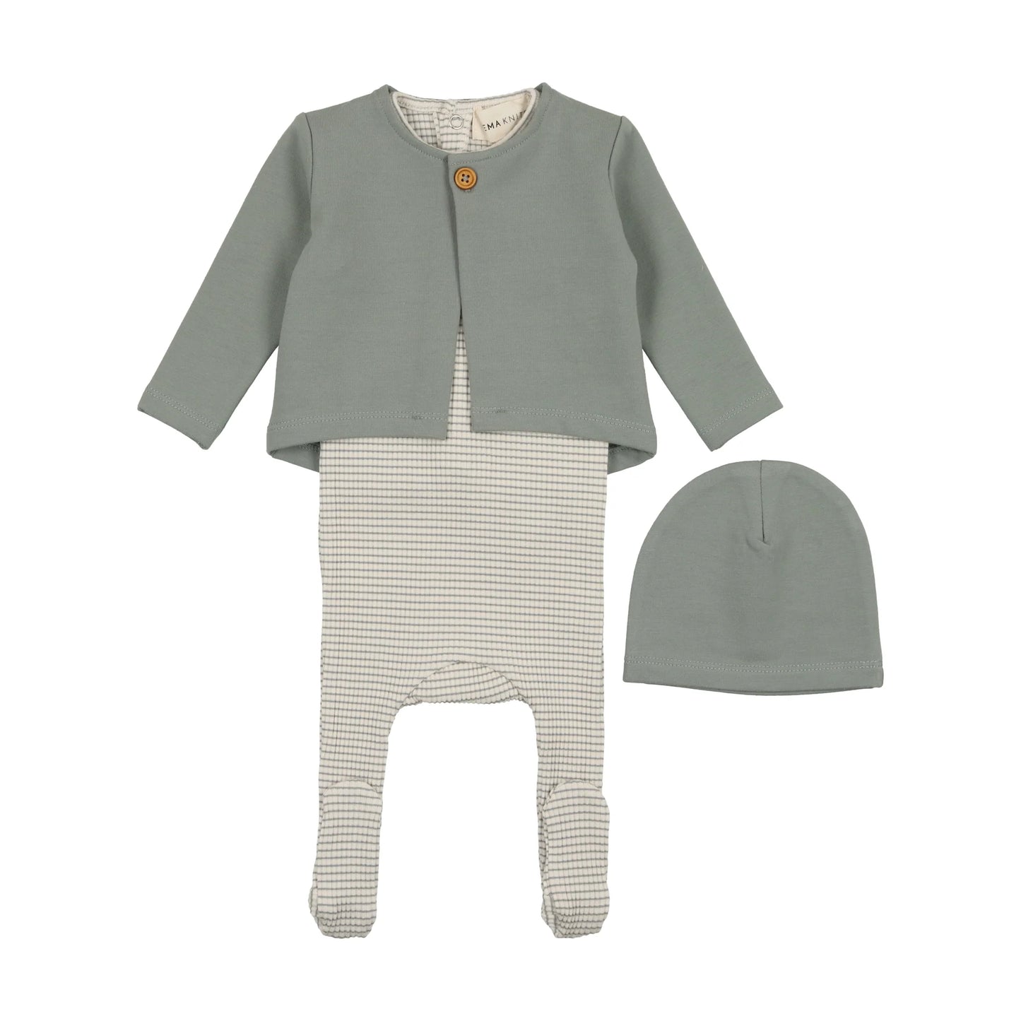 Striped Collared Footie/Cardigan + Beanie - Blue