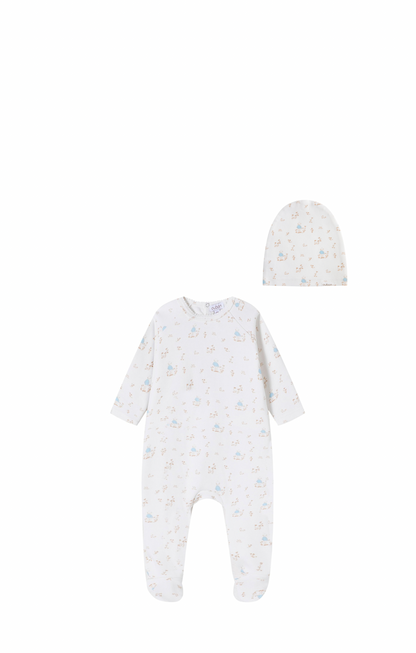 Forest Print Footie/Hat - Blue