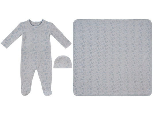 Woodland Toile Footie, Hat & Blanket Set - Blue