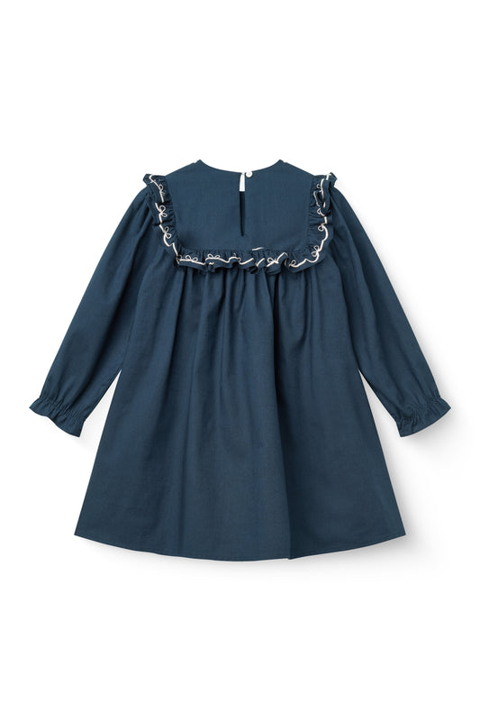 Frill And Embroidered Dress - Navy