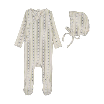 Linear Print Footie Set - Cream/Blue