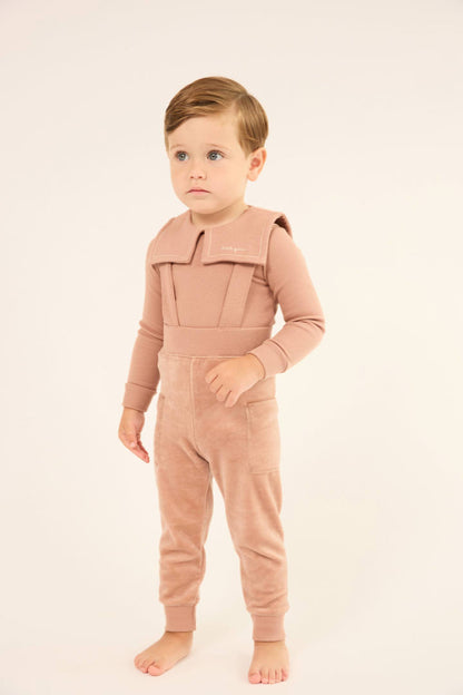 Embroidered Collar Velour Overall Set - Pink