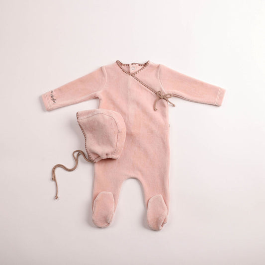 Classic Stitch Velour Footie And Bonnet - Rose