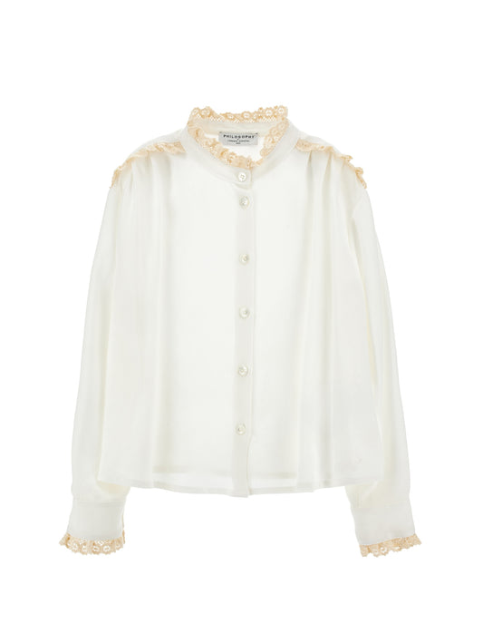 Button Up Twill shirt With Lace Trim - Panna