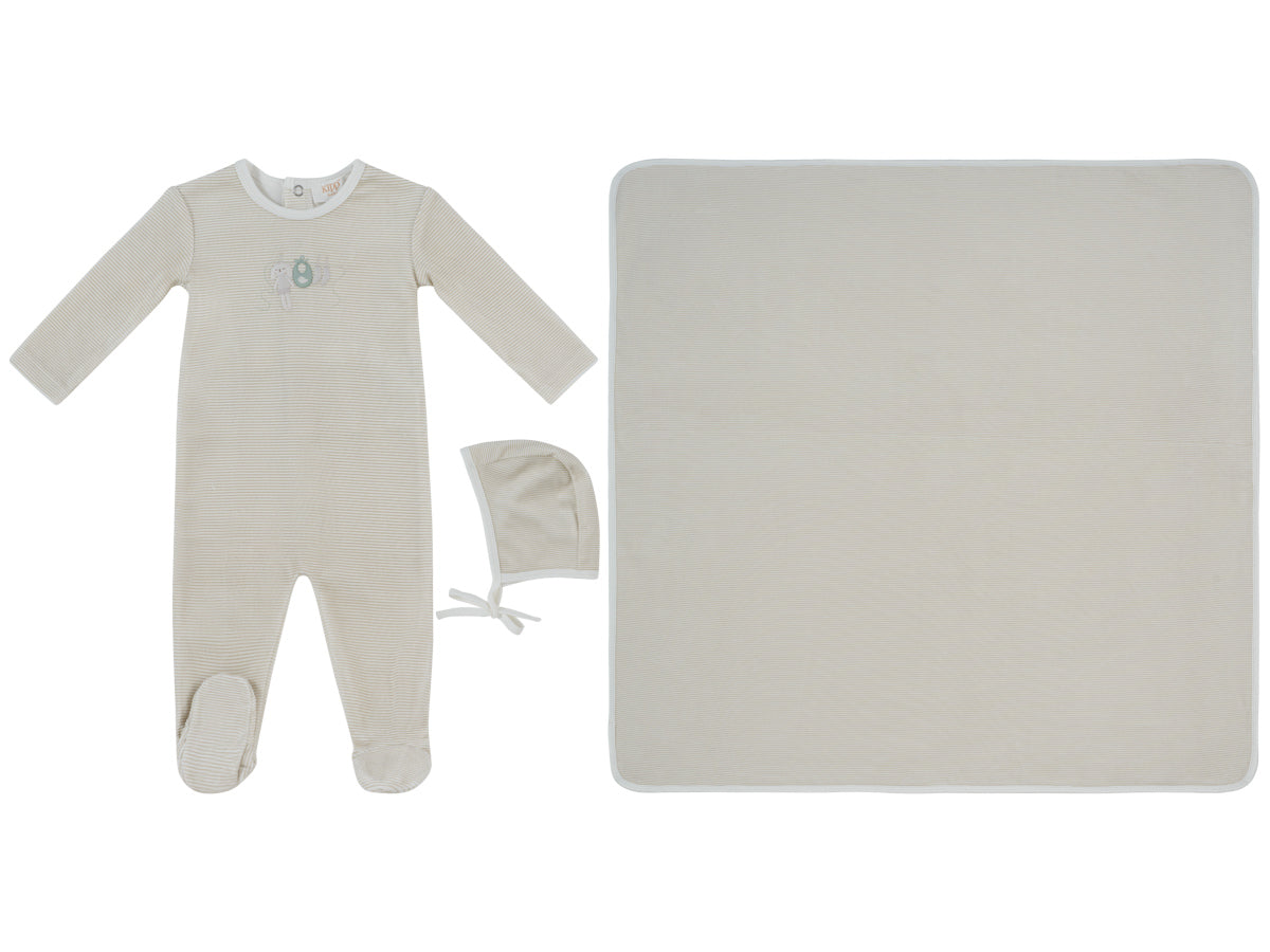 Bunny Stripe Footie, Hat & Blanket Set - Stone