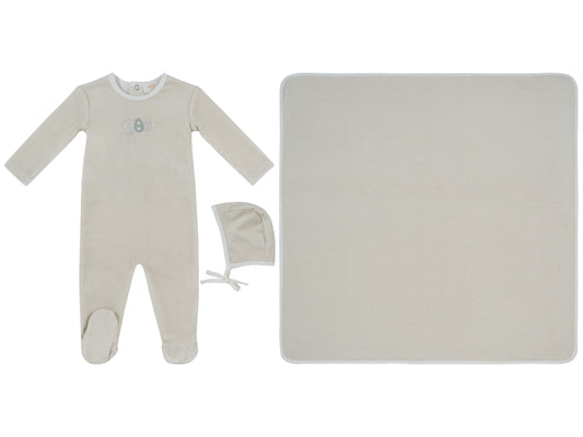 Bunny Stripe Footie, Hat & Blanket Set - Stone