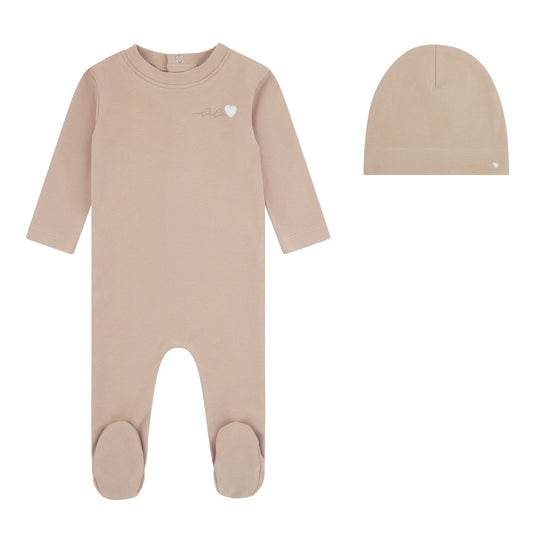 Bebe Heart Footie And Beanie - Tan