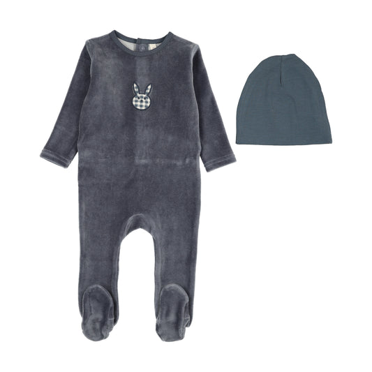 Velour Gingham Bunny Footie - Off Navy