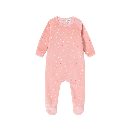 Velour Heart All Over Print Footie/Hat - Pink