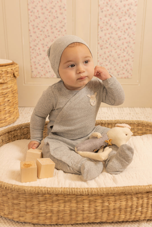 Pompom Bunny Wrap Footie And Beanie - Grey Heather