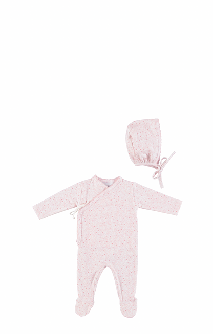 Idra Overall And Bonnet - Pink Leaves