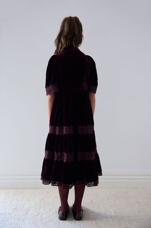 Lace Velvet Midi Dress - Dark Cherry