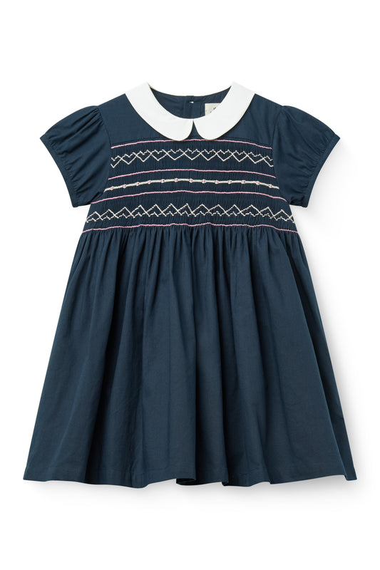 Handmade Smock Embroidery Dress - Navy